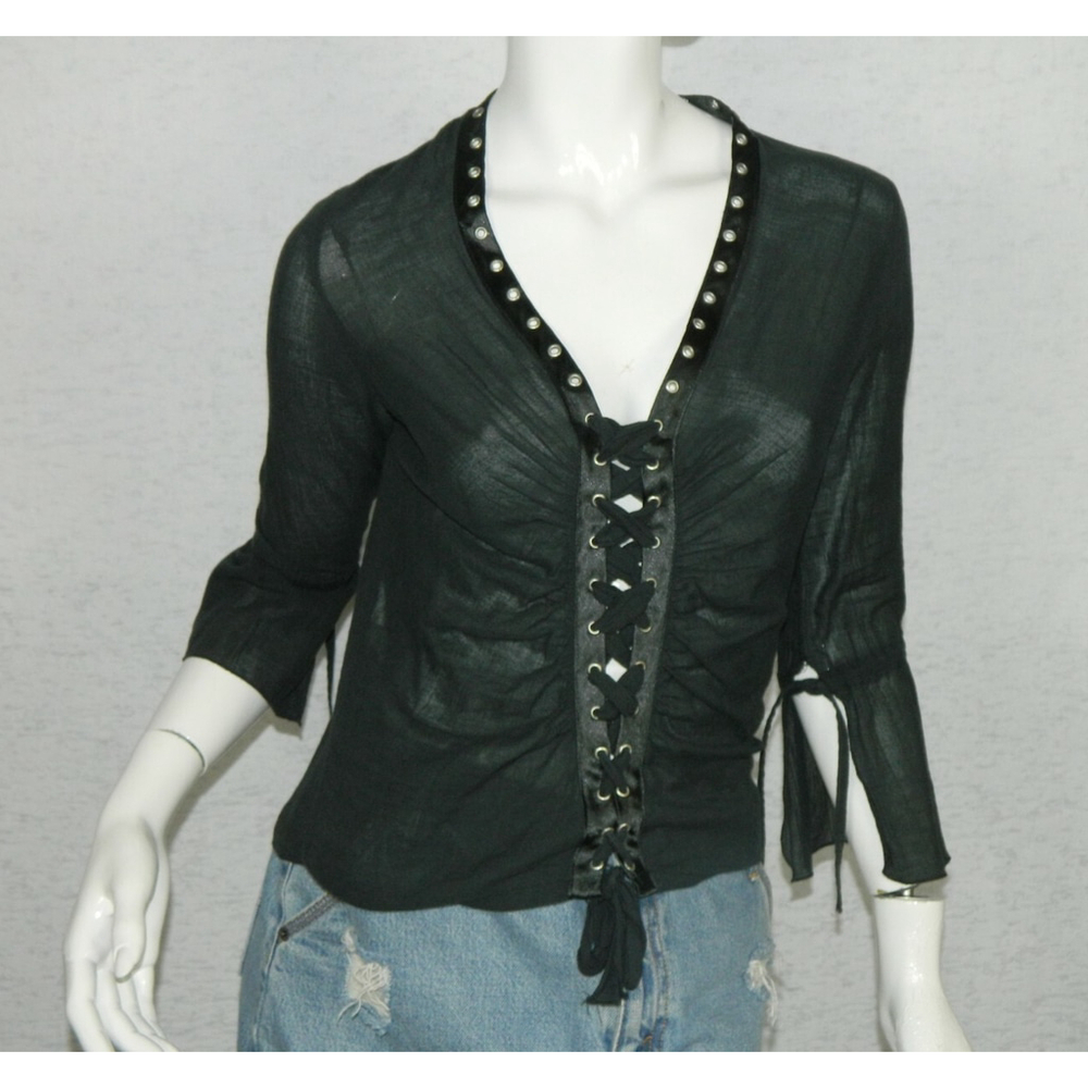 Maje Shirt Size Medium Black Lace Up 100% Cotton